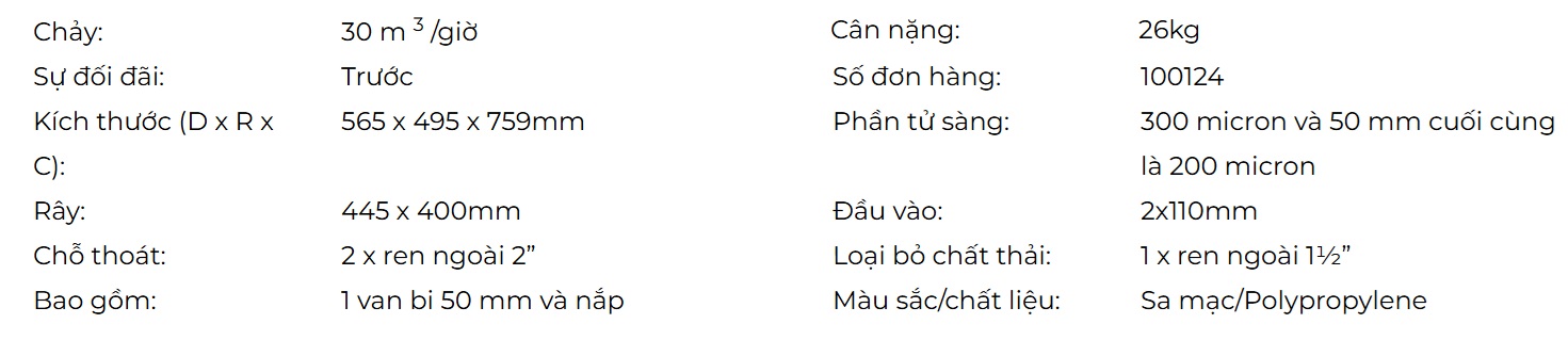 Thông số kỹ thuật Bộ lọc rây Filtreco Sieve 2
