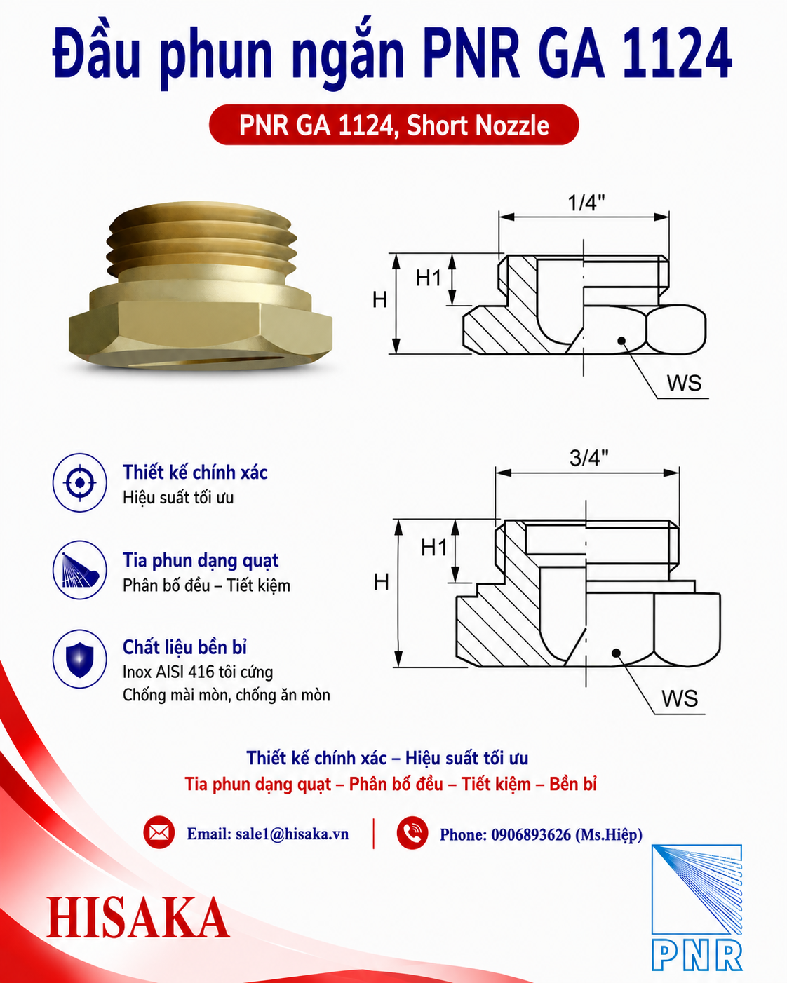 Cấu tạo đầu phun ngắn PNR GA 1124